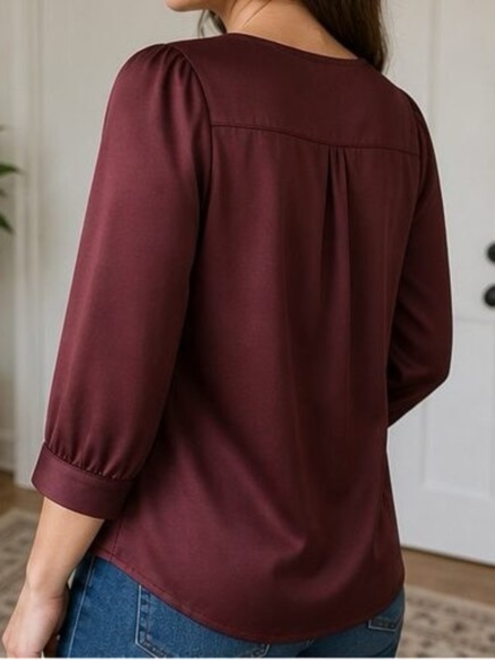 Women’s Square-Neck Button Front Top in Burgundy - Picture 3 of 6